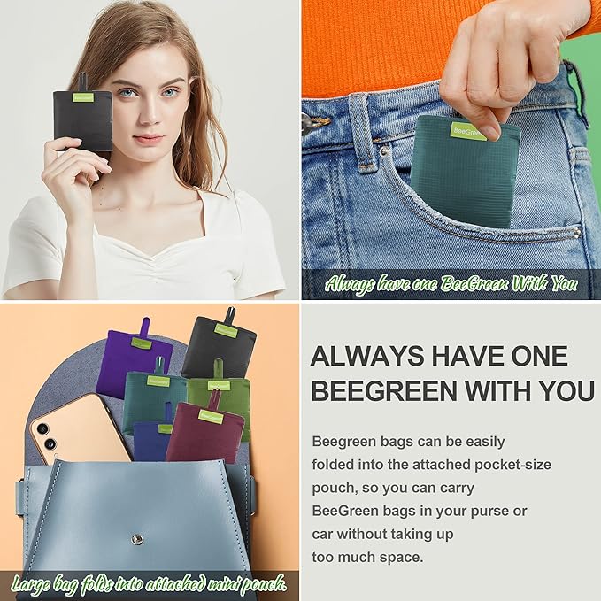 BeeGreen Reusable Grocery Bags Heavy Duty Extra Large 6 Pack Foldable Tote Bag - Cloth Grocery Bags Machine Washable Polyester Fabrics Bulk Shopping Bag - Reusable Gifts for Women (Green Black)-NeatNest