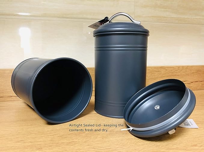 Airtight Kitchen Canister with Lid, Rustic Farmhouse Decor Container for Dry Food Sugar Coffee Tea, Charcoal Gray Metal Countertop Storage Jar (7.87''H x 4.3''Dia.)