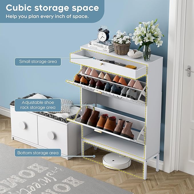 Brafab Shoe Storage Cabinet with 2 Flip Drawers&1 Small Drawer, Slim Entryway Shoe Organizer with Sun Pattern Doors for Leather Shoes,Pure White-NeatNest