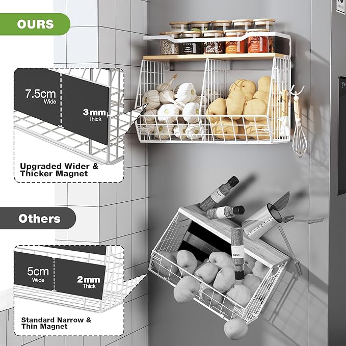 Magnetic Shelf for Fridge with Wider & Thicker Magnet, 1 Pack Refrigerator Organizer Storage Basket for Fruit, Onion, Potato, Spice Rack, Kitchen, Laundry, Pantry (White, 16.14" x 6.77" x 11.81")