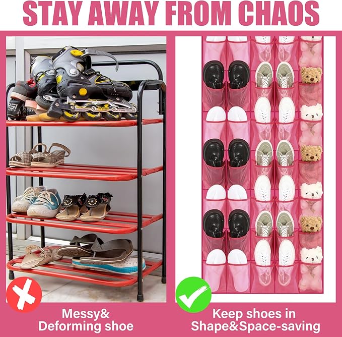 Windyun 40 Over the Door Shoe Organizer Large Mesh Pocket Hanging Shoe Rack for Closet Rose Red Nonslip Behind Door Storage Holder Back to School Organizer for Dorm Room College Classroom Storage-NeatNest