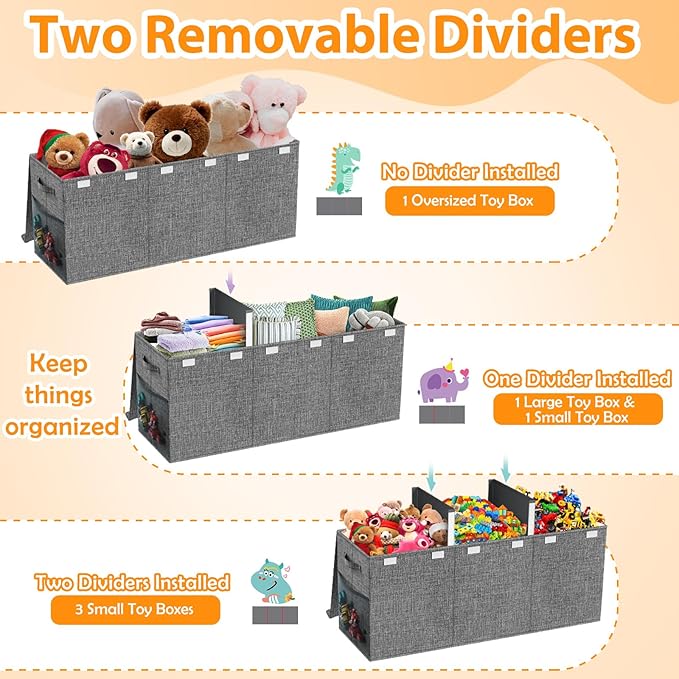 Extra Large Toy Storage Box with Lid Divider, Sturdy Collapsible Toys Organizer Chest Kids Storage Bins Boxes Baskets for Boys, Girls, Nursery, Bedroom, Living Room, Playroom, 40"x14"x16", Gray