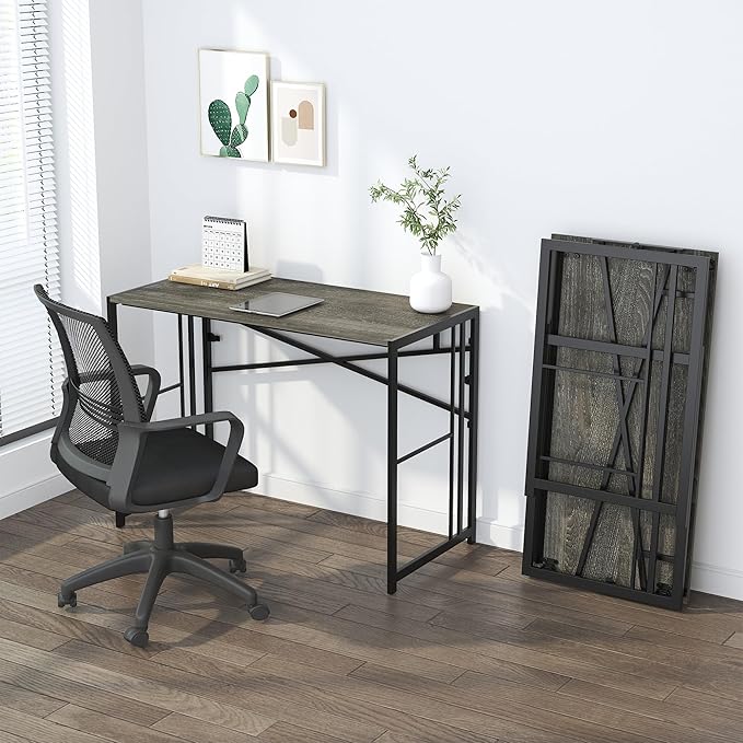 35 inch Narrow Folding Desk, Writing Gaming Computer Camping Desk for Small Spaces, No Assembly Required Home Office Table, Black Oak-NeatNest