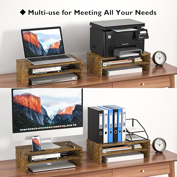 BONTEC Wooden Monitor Stand Riser, 2-Tier Desk Shelf with Storage Organizer, Ergonomic Computer Stand with Cable Management, Cellphone Holder, Vintage Brown, 16.5 Inch-NeatNest
