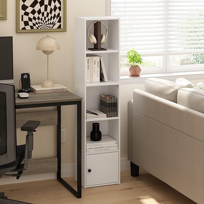 Furinno Luder Shelf Bookcase with 1 Door Storage Cabinet, White-NeatNest