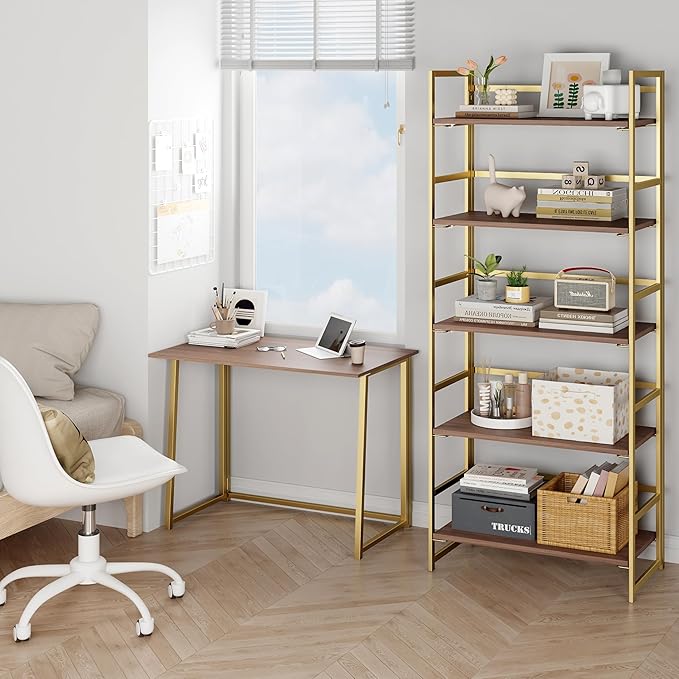 BHG Vintage Multifunctional Folding Bookshelf,5 Tier No-Assembly Plant Stand Storage Rack Shelves for Home Office (Brown&Gold, 5-Tier)-NeatNest