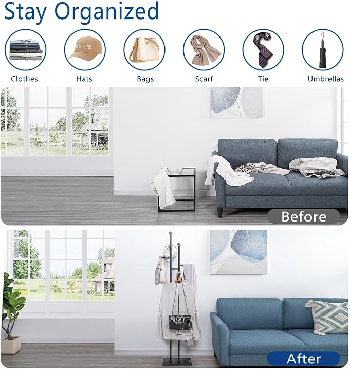 Coat Rack Freestanding with Square Marble Base Heavy Duty Metal Clothes Rack Hanging Stand for Entryway Bedroom Living Room Hotel 14.96 x 10.24 x 68.9 Inches (Black)-NeatNest