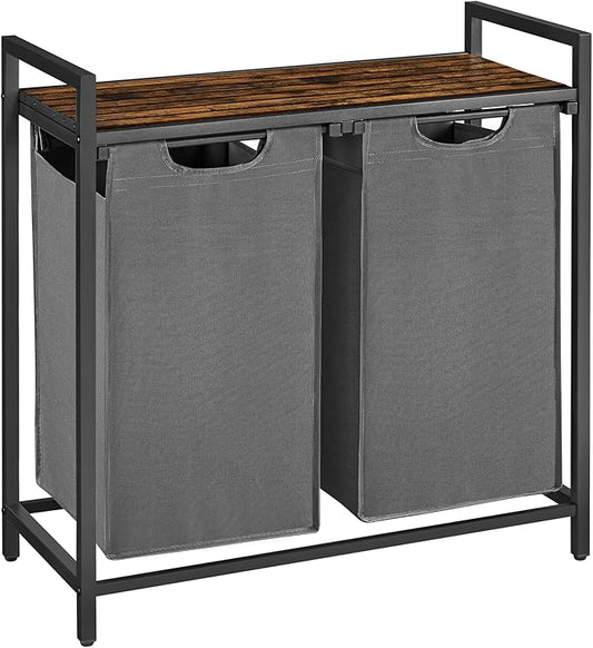 VASAGLE Laundry Hamper, Laundry Basket, Laundry Sorter with 2 Pull-Out and Removable Bags, Shelf, Metal Frame, 2 x 12.1 Gallons (46 L), 28.8 x 13 x 28.4 Inches, Slate Gray and Rustic Brown UBLH201G01-NeatNest