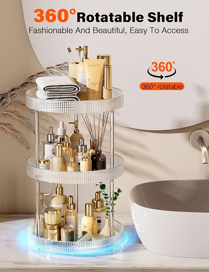 3 Tier Lazy Susan Bathroom Countertop Organizer, 360° Clear Rotating Makeup Cosmetic Perfume Storage Tray, Spinning Vanity Organizer Shelf for Bathroom Cabinet, Dresser, Kitchen(Large)-NeatNest