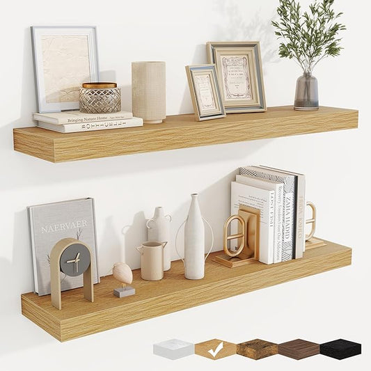 fuqing Floating Shelves for Wall, Bathroom Shelf Wall Mounted for Storage, Shelves with Invisible Bracket for Bedroom, Kitchen, Living Room, Farmhouse Small Book Shelf, 36 Inch Set of 2, Oak-NeatNest
