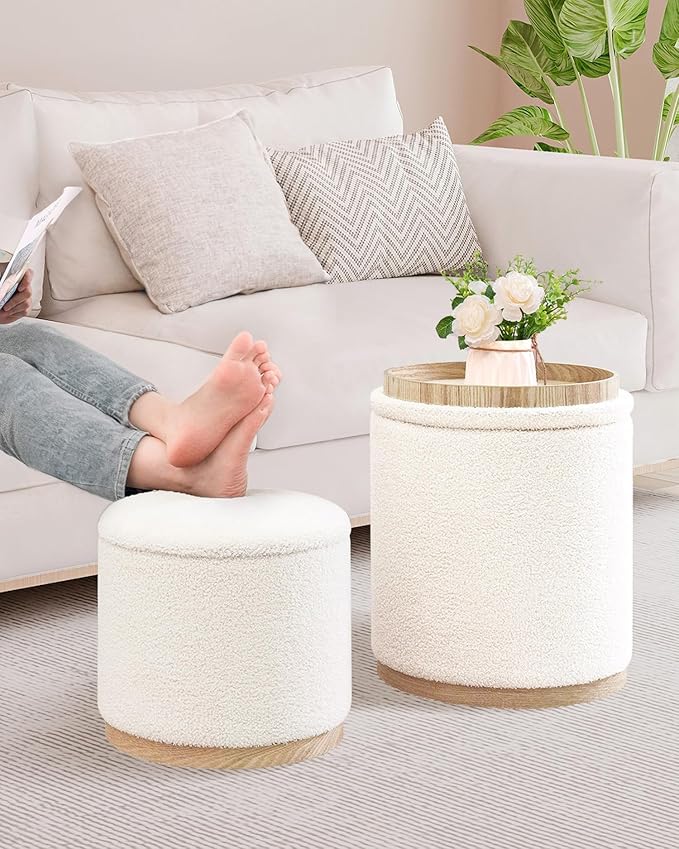 B FSOBEIIALEO Storage Ottoman Round Boucle Ottomans with Tray, Set of 2 Teddy Foot Rest Ottoman Cube with Storage for Living Room, Cream White 15"x15"x16.9"