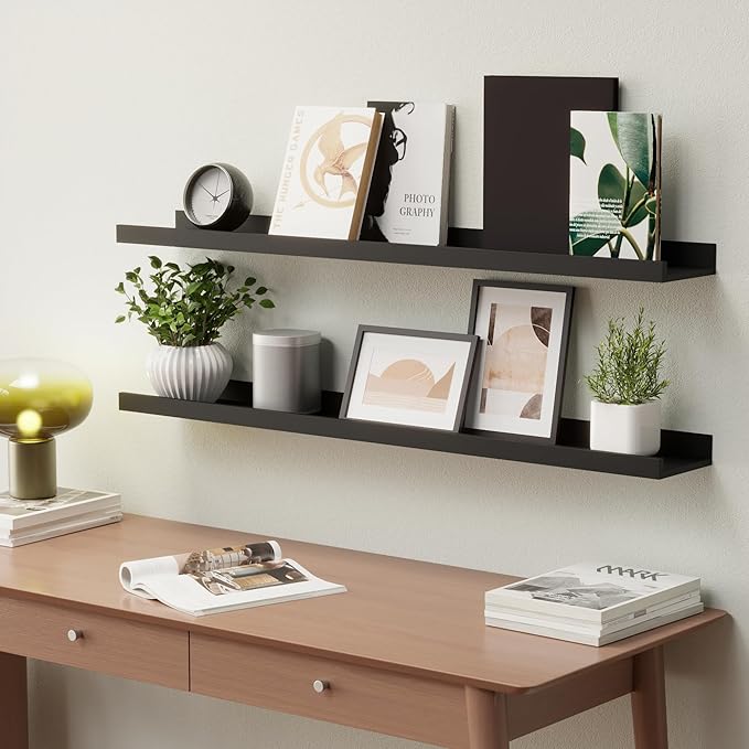 35.4 Inches Long Floating Shelves Wall Mounted, 2 Set Modern Black Wall Shelf for Bedroom, Nursery Book Shelf with Lip, Picture Ledge Shelf for Wall Decor Living Room Bathroom Kitchen- Black-NeatNest