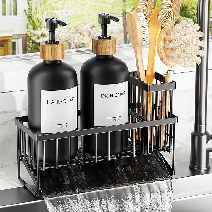 Cisily Kitchen Dish Soap Dispenser Set with 2 Pack Black Glass, Soap Dispensers with Adjustable Black Sink Caddy, Vintage Kitchen Soap Dispenser Set, Hand and Dish Soap Dispensers Set-NeatNest