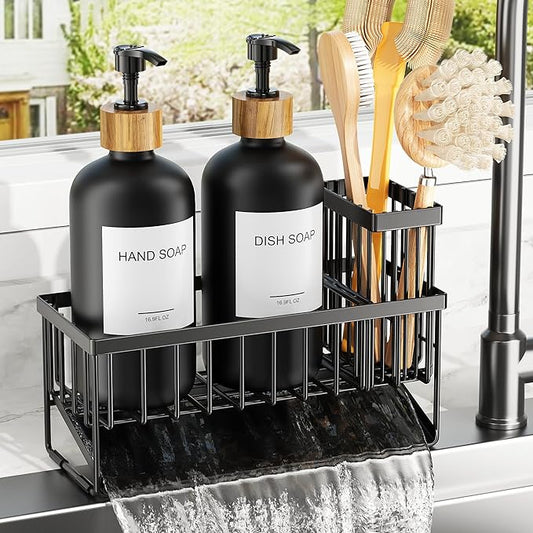 Cisily Kitchen Dish Soap Dispenser Set with 2 Pack Black Glass, Soap Dispensers with Adjustable Black Sink Caddy, Vintage Kitchen Soap Dispenser Set, Hand and Dish Soap Dispensers Set-NeatNest