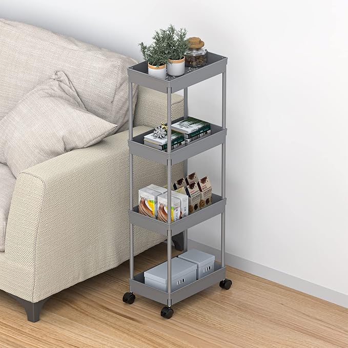 Sooyee 4 Tier Wide Storage Cart Mobile Shelving Unit Organizer Slide Out Storage Rolling Utility Cart Tower Rack for Kitchen Bathroom Laundry, Plastic & Stainless Steel,Grey