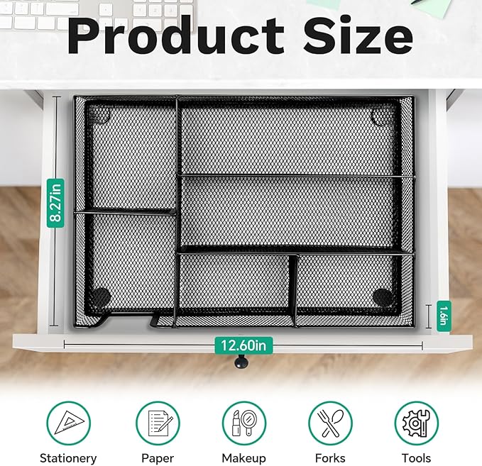 Desk Drawer Organizer Tray Versatile Metal Mesh Desk Organizers and Accessories for Office Supplies, School, Home, 12.60 x 8.66 x 1.77 Inches-NeatNest