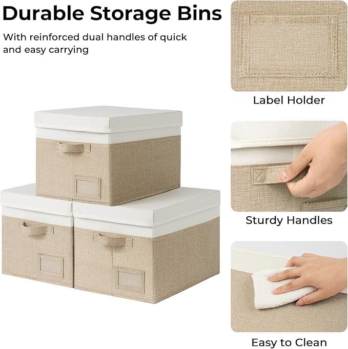 GRANNY SAYS Storage Bins with Lids, Linen Storage Bins, Storage Bins for Shelves, Decorative Storage Boxes, Clothes Storage and Organization for Organizing, 3-Pack, Jumbo, Khaki&Ivory-NeatNest