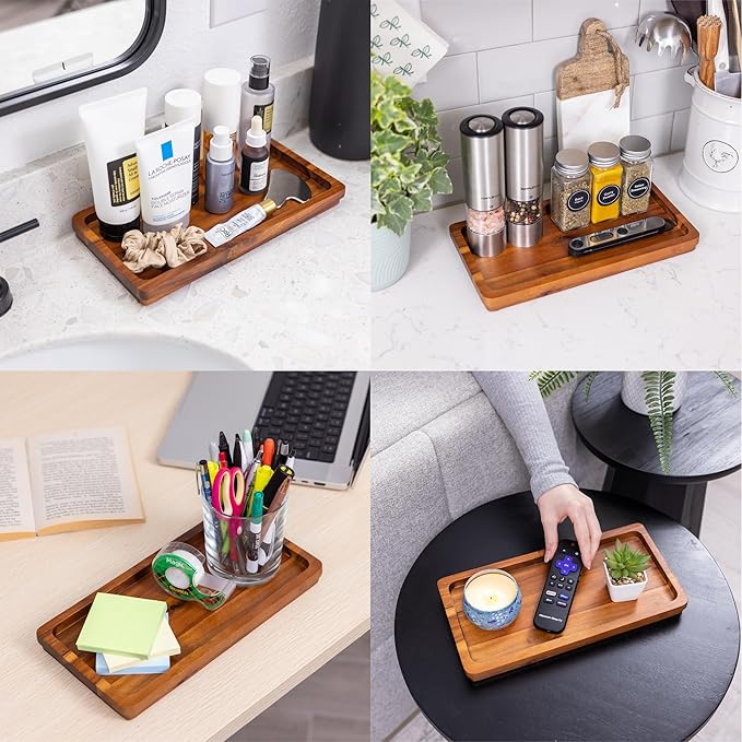 Demigo Acacia Wood Valet Tray & Catchall (11.9x6x1 inch) - Wooden Desk Organizer for Office Supplies, Keys, Wallet & Mail - Entryway & Nightstand Decor-NeatNest