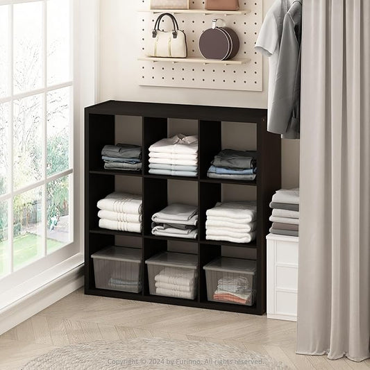 Furinno Cubic Open Back Multipurpose Clothing & Closet Storage Organizer Shelf, 9-Cube, Black Dark Oak