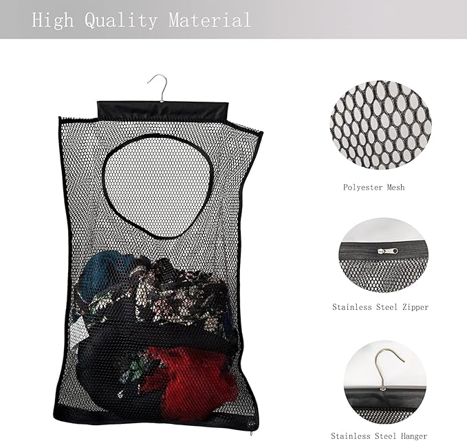 Hanging Mesh Laundry Hamper (30in*20in*2in) Large Dirty Clothes Bag, Can Be Used Behind The Door & Closet & Caravan& Bathroom (Black)-NeatNest