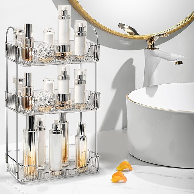 Bathroom Counter Organizer Countertop Storage Skincare Countertop Makeup Organizer Cosmetics Skincare Organizers Holder for Perfume-Grey-Silver Pole-3 Tier-NeatNest