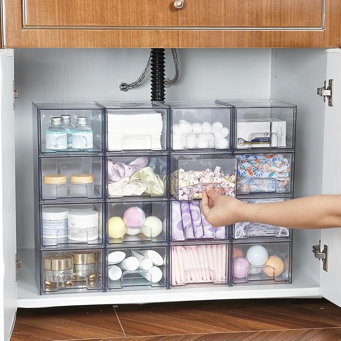 Vtopmart 12 Pack Clear Small Stackable Storage Drawers,Acrylic Bathroom Makeup Organizer,Plastic Storage Bins For Vanity, Undersink, Kitchen Cabinets, Pantry, Home Organization-NeatNest