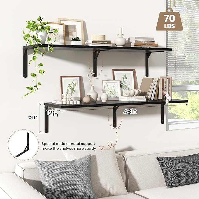 Fun Memories Floating Shelves for Wall, 12 Inch Deep Floating Shelves Set of 2, Wall Mounted Shelf with Metal Brackets, Rustic Wood Wide Shelf for Bathroom, Kitchen and Living Room, Black, 48W x 12D-NeatNest