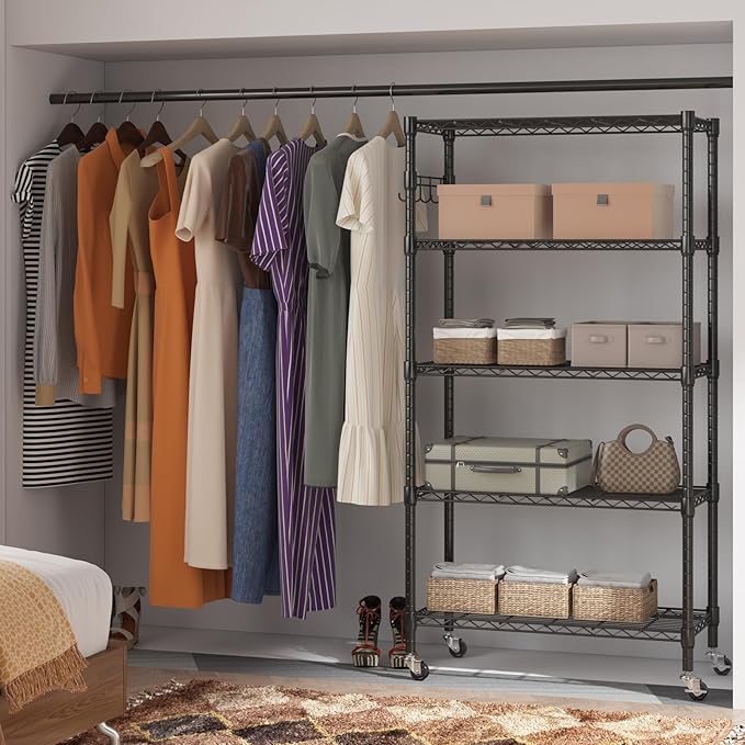 Homdox 5 Tier Metal Storage Shelves with Wheels, Heavy Duty Wire Shelving Unit, Adjustable Storage Racks with Side Hooks for Bathroom Kitchen Garage Pantry Organization, Black-NeatNest