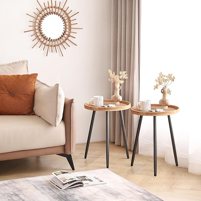 LITA 2 Pcs Rattan Log Desktop Round Side End Table, Nightstand/Small Tables, Indoor Outdoor Wooden Tray Table with Metal Stand End Table for Living Room Bedroom Office Small Spaces
