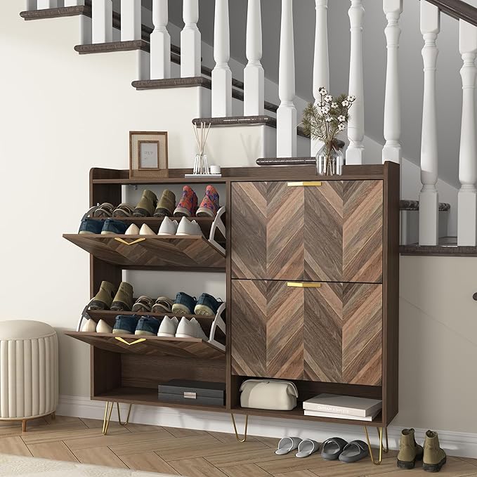 Vibe & Dine 4 Flip Drawer Shoe Cabinet, Mid Century Modern Shoe Organizer with Bottom Cubby, Hidden Shoe Cabinet with 2 Hooks, Freestanding Narrow Slim Shoe Rack Cabinet for Entryway, Foyer, Hallway-NeatNest