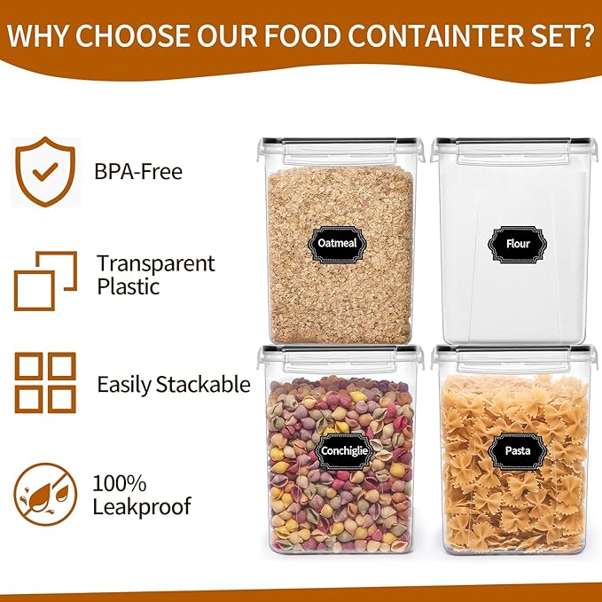 4 Pack Large Airtight Food Storage Containers with Lids (5.2L / 176oz), BPA Free Plastic Kitchen and Pantry Organization Contianers for Cereal Flour and Sugar Storage, Labels & Marker-NeatNest