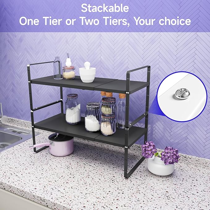 16.5-27’’L Expandable Cabinet Countertop Shelf Organizer, Stackable Metal Shelves, Kitchen Organizers and Storage, Black Storage Spice Rack for Pantry and Cupboard-NeatNest