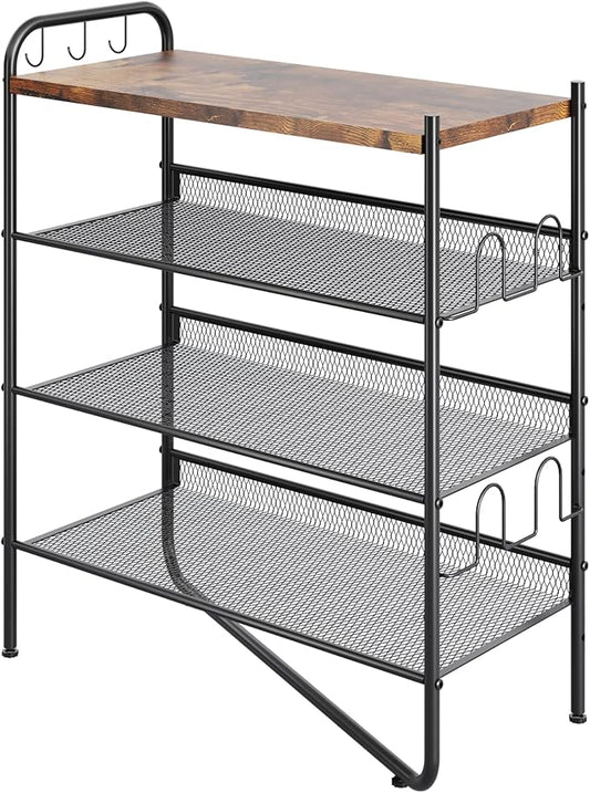 4 Tier Shoe Rack for Entryway, Metal Shoe Rack Organizer Holds 15 Pairs Shoes, Front Door Shoe Storage with Rustic Brown Wooden Top, Vertical shoe rack for Space Saving Shoe Organizer (4-Tiers)-NeatNest