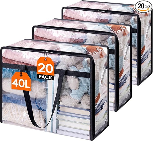 Lifewit 20 Pack Clear Clothes Storage Bags, 40L Plastic Blanket Storage Bag, Vinyl Foldable Moving Bags with Zipper, Closet Organizers and Storage Containers for Bedding, Duvet, Comforter-NeatNest