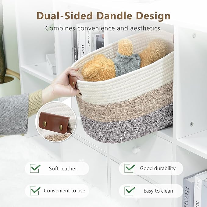 Cotton Rope Basket , Storage Baskets with Handle, 15x10x9 Inch Woven Basket for Shelves, Laundry, Towels, Clothes, Books, Toys (Gradient Brown 2 Pack)-NeatNest