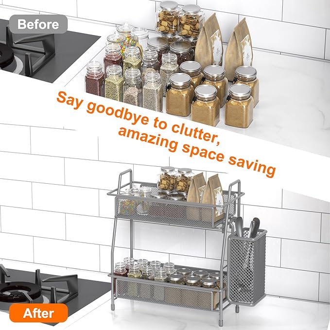 LEMIKKLE Spice Rack Organizer for Kitchen Counter, Spices Organizer and Storage Seasoning Organizer for Cabinet, Kitchen Metal Countertop Organizer with Side Basket (Grey)-NeatNest