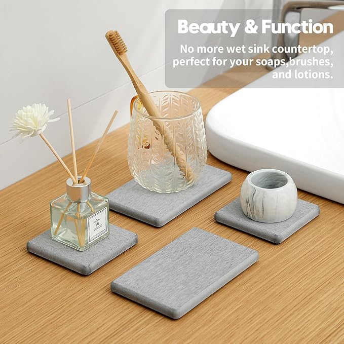 4PCS Bathroom Sink Vanity Trays, Diatomaceous Earth Quick Stone Drying Mat Kitchen Counter Dish Soap Dispenser Sponge Holder, Water Absorbing Caddy Organizer for Bottle & Cup, Light Gray-NeatNest
