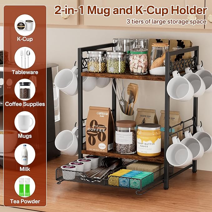 Coffee Bar Organizer Countertop, 3 Tier Mug Cup Holder Stand with 12 Hooks, 25 K Cup Coffee Pod Drawer with Mug Rack, Multifunctional Shelf for Accessories Kitchen (Black)-NeatNest