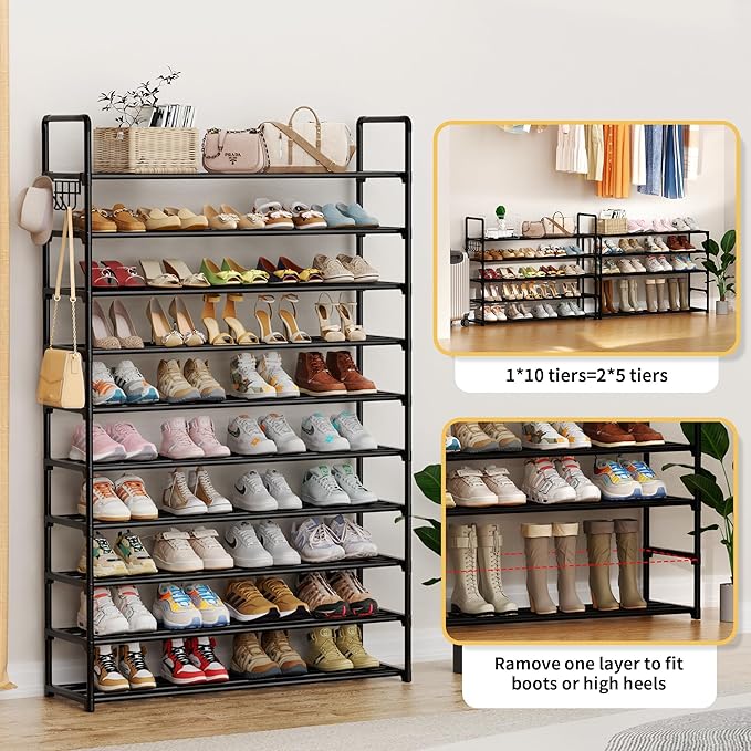 10-Tier Shoe Organizer - Large Metal Shoe Rack with Hooks, Fits 40-50 Pairs, Ideal for Closet, Entryway, Garage, Bedroom-NeatNest