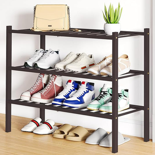 Smiry Shoe Rack, 3 Tier Bamboo Shoe Organizer, Stackable Free Standing Wooden Shoe Storage Shelf for Closet, Entryway, Front Door Entrance, Brown-NeatNest
