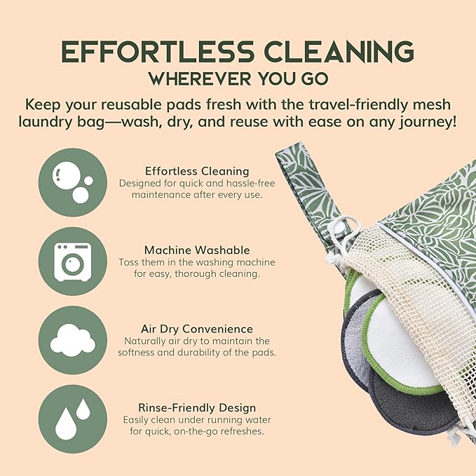 Greenzla Reusable Makeup Remover Pads Travel Set - 12 Pack Microfiber Cotton Pads, Dark Charcoal Cotton Rounds, and Bamboo Terry Face Wipes for All Skin Types with Mesh Laundry Bag and Travel Pouch-NeatNest