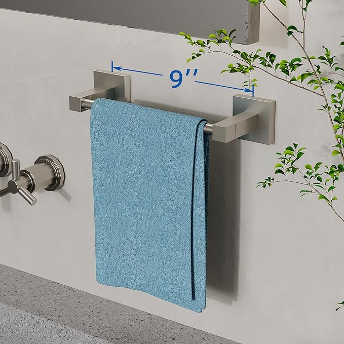 RUACQ Hand Towel Holder, 9-inch Hand Towel Bar, Square Base Towel Ring, 304 Stainless Steel Towel Rack for Bathroom, Wall Mounted (Brushed Nickel)