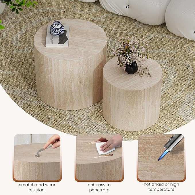 Nesting Coffee Table Set of 2, Modern Round Coffee Table with Non-Slip Feet, Wooden Circle Accent Tables for Small Spaces Living Room Bedroom Balcony Office Drum Side Table (C Travertine)