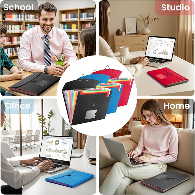 3 Pack Accordion File Organizer with Elastic Closure, 13 Pocket Expanding File Folder for Letter Size A4 Papers, Ideal for Home, Office Supplies, College Essentials