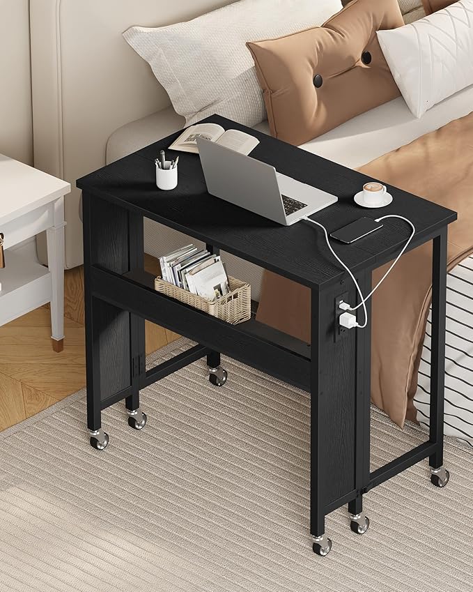 31.5" Modern Folding Computer Desk with Power Outlets, Wheels, Storage, Perfect for Small Spaces Black TDN01UBB-NeatNest