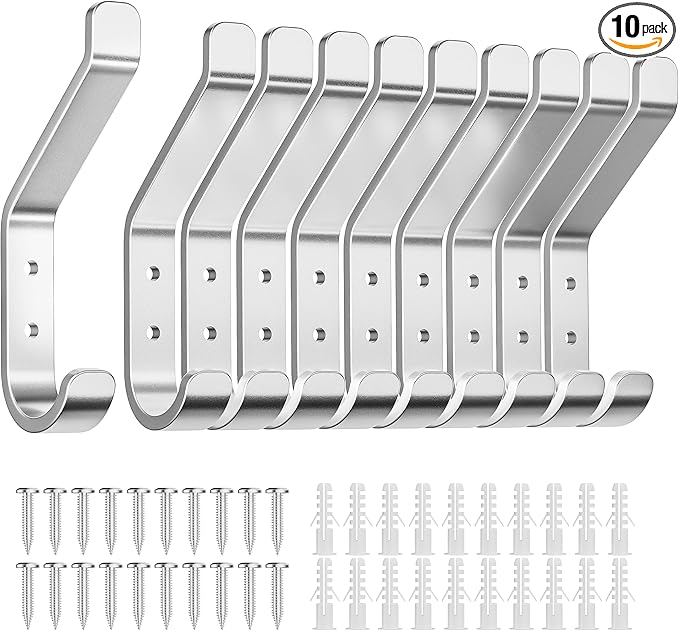 10-Pack Coat Hook for Hanging, 20LB (Max), Stainless Wall Hooks for Towel, Hat, Backpack, Key, Clothes, Wall Mounted Coat Hanger for Closet, Metal, Silver 3.75“