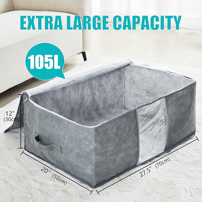 105L Extra Large Storage Bags for Blankets, King Comforters, Bedding, Clothes, Pillows, Sheets - Closet Organizers and Storage with 4 Handles & Clear Window, Foldable & Breathable (Grey, 3pack)-NeatNest