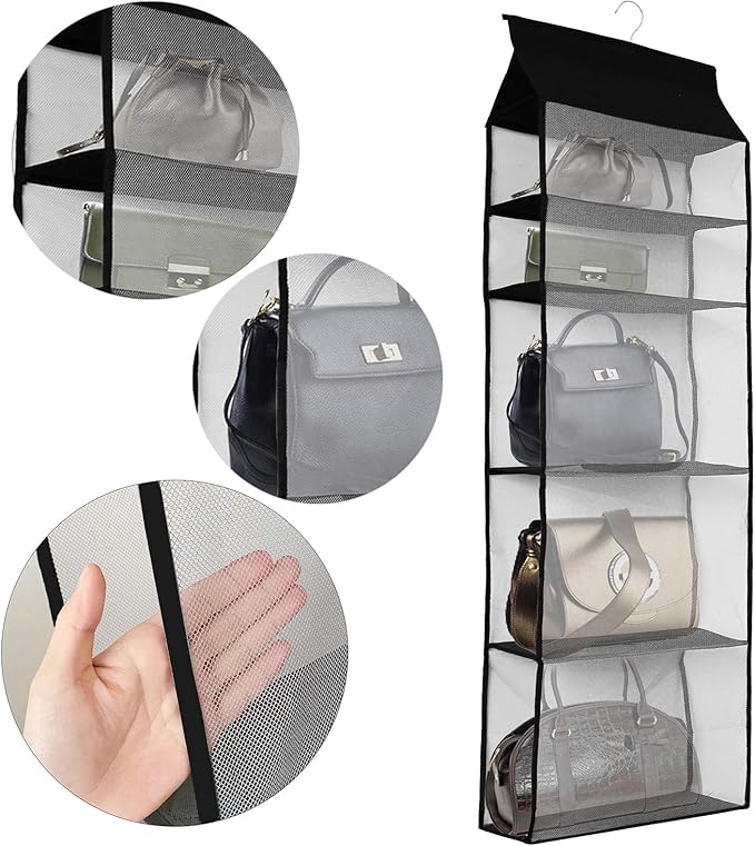 Improved Closet Handbag Purse Holder with 5 Large Heavy-Duty Mesh Shelves, Space Saving Hanging Handbag Storage Tote Bag Organizer Holder for Wardrobe Closet(Black)-NeatNest