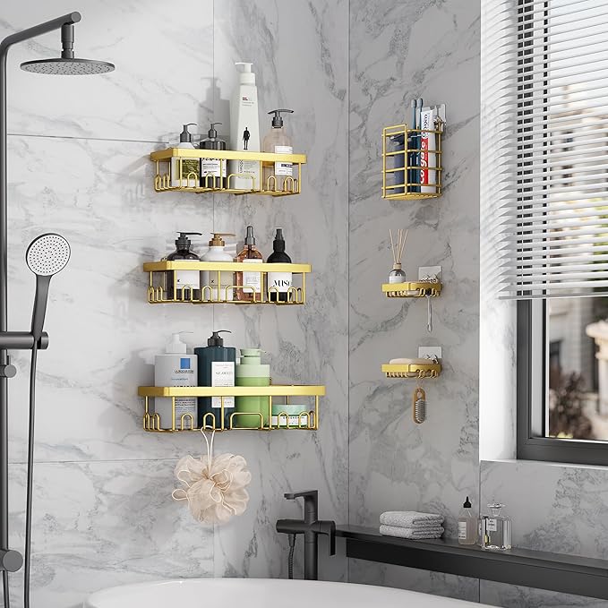 Veken Adhesive Shower Caddy 6-Pack,Gifts for Women Mom,Heavy Weight Bearing,Large Wall Mounted Bathroom Shelves Rack,Organizer Storage Accessories with Soap Dish&Toothbrush Holder,Bright Gold-NeatNest