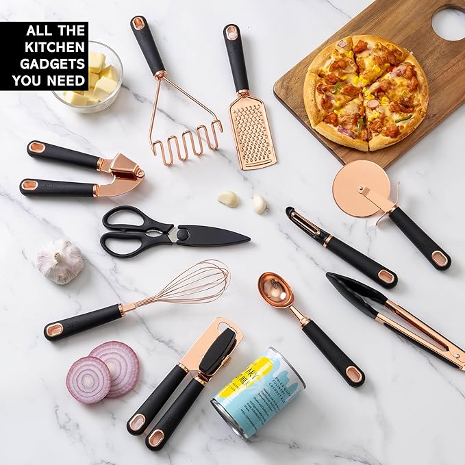 COOK WITH COLOR Kitchen Gadget Set Copper Plated Stainless Steel Utensils with Soft Touch Handles, Copper Black, 10 Pieces-NeatNest